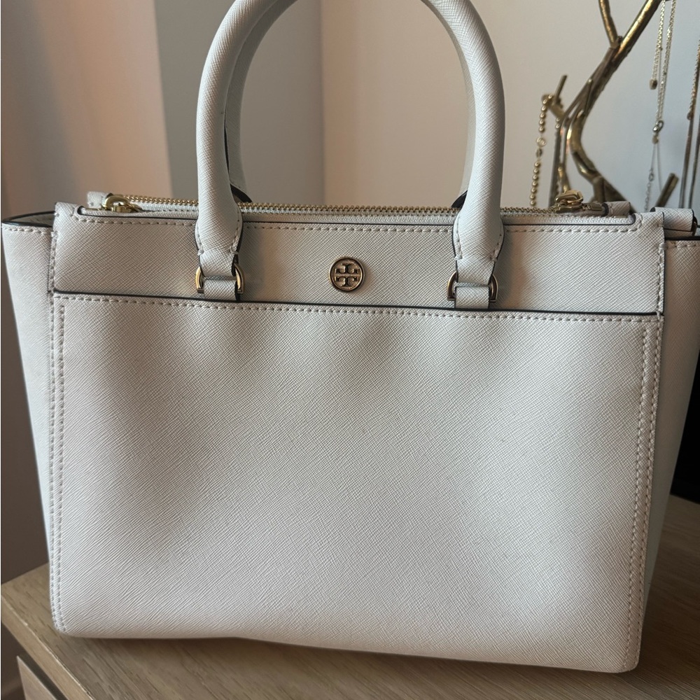 Tory Burch White Saffiano Leather Double Zip Handbag Satchel Crossbody